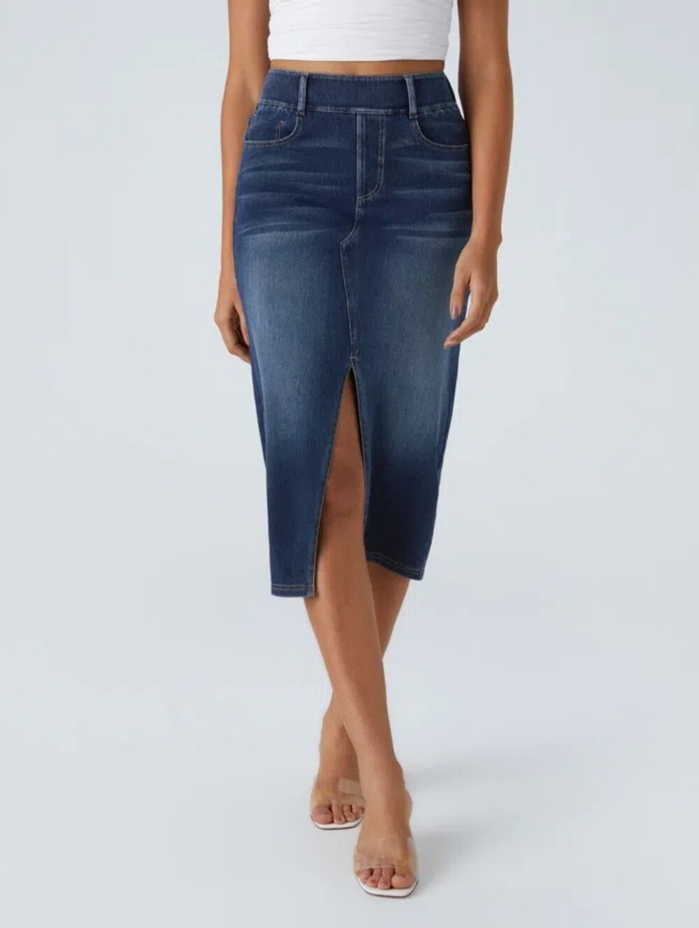 Halara Flex™ High Waisted Pockets Bodycon Washed Denim Casual Midi Skirt